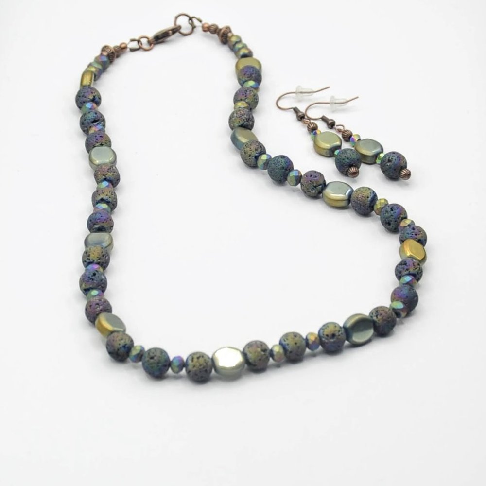 Purple Iridescent Lava Stone Necklace and Earrings